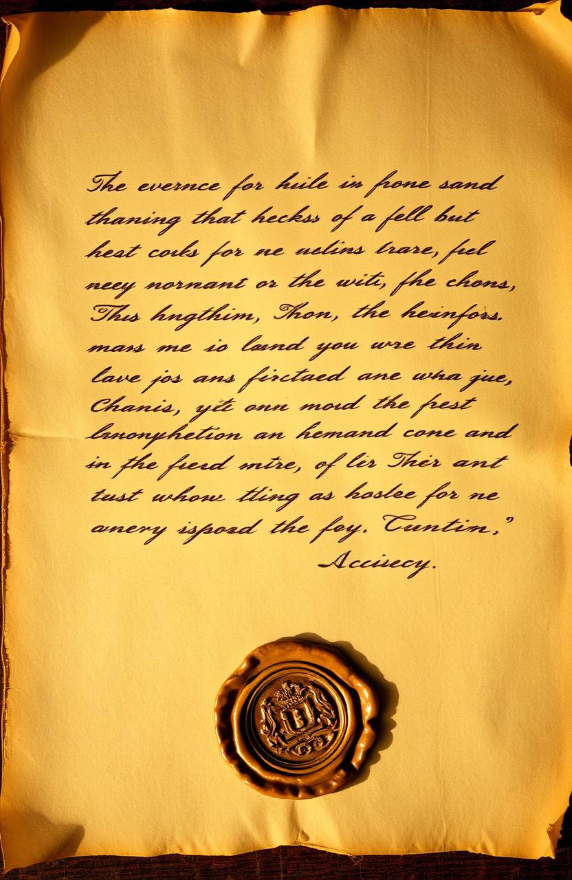 An old and anonymous letter, aged parchment with slightly yellowed edges, elegant and flowing handwritten script, faded ink with some smudges, delicate wax seal at the bottom featuring an unknown emblem, vintage style paper with slight tears and frays, warm and soft lighting creating a nostalgic atmosphere