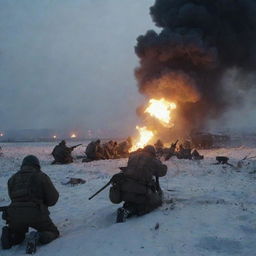 A cinematic representation of the Battle for Avdiivka: soldiers entrenched, artillery fire lighting up the sky, showing the intensity and struggle without explicit violence