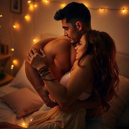 An intimate bedroom scene featuring a passionate couple sharing a loving embrace, captured in a soft, artistic style