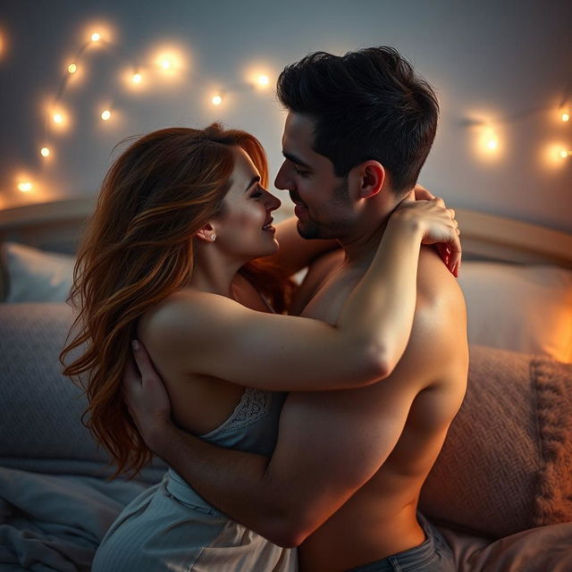 An intimate bedroom scene featuring a passionate couple sharing a loving embrace, captured in a soft, artistic style