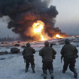 A cinematic representation of the Battle for Avdiivka: soldiers entrenched, artillery fire lighting up the sky, showing the intensity and struggle without explicit violence