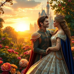 A beautiful and romantic scene featuring two princes, both dressed in elegant royal attire, locking eyes with a noble princess