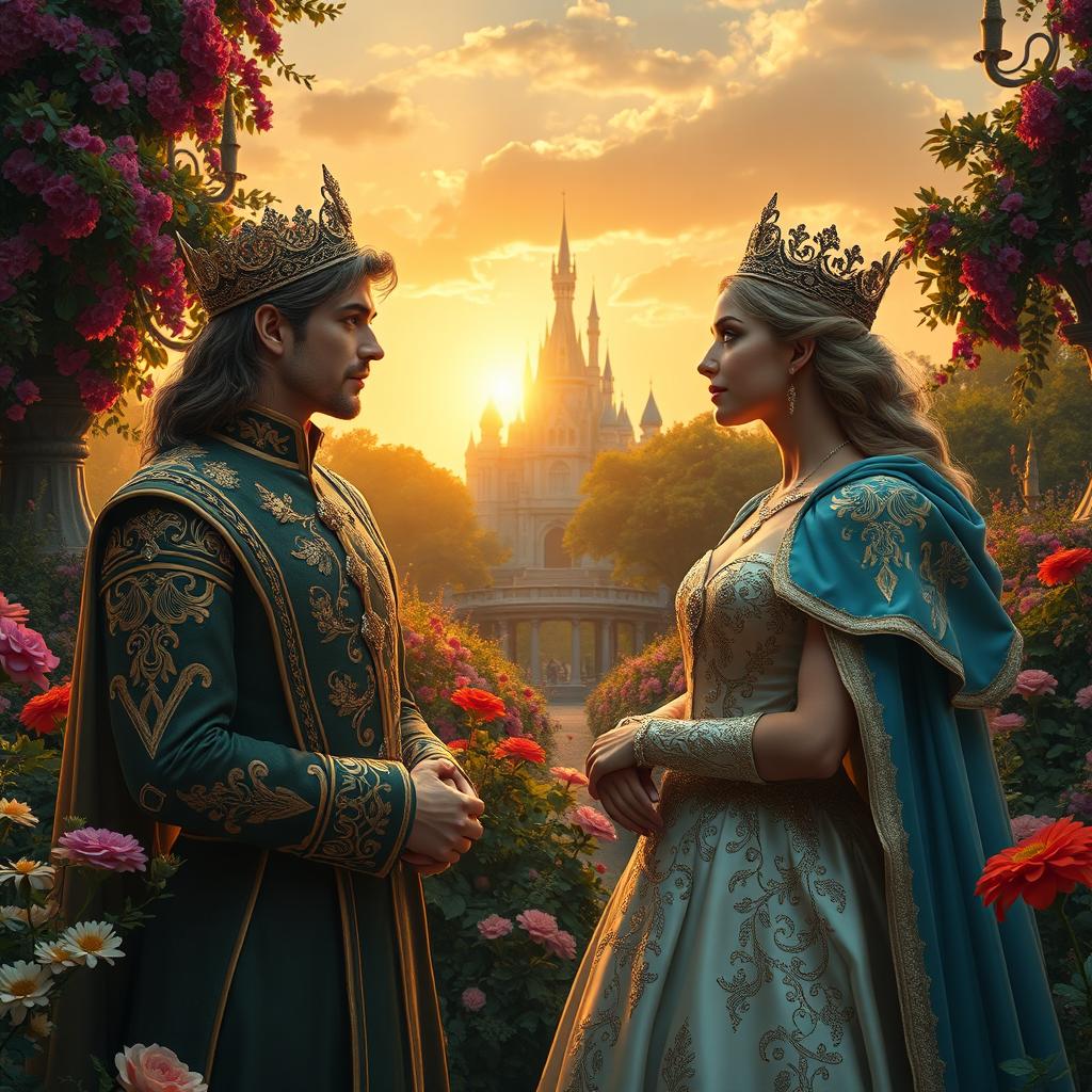 A beautiful and romantic scene featuring two princes, both dressed in elegant royal attire, locking eyes with a noble princess