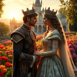 A beautiful and romantic scene featuring two princes, both dressed in elegant royal attire, locking eyes with a noble princess