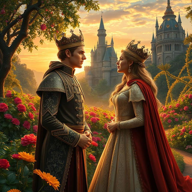 A beautiful and romantic scene featuring two princes, both dressed in elegant royal attire, locking eyes with a noble princess