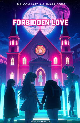 A futuristic album cover for 'Forbidden Love' by Malcom Garcia & Amara Doma