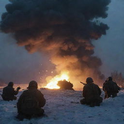 A cinematic representation of the Battle for Avdiivka: soldiers entrenched, artillery fire lighting up the sky, showing the intensity and struggle without explicit violence