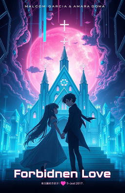 A futuristic album cover for 'Forbidden Love' by Malcom Garcia & Amara Doma