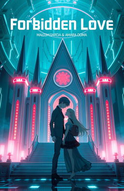 A futuristic album cover for 'Forbidden Love' by Malcom Garcia & Amara Doma