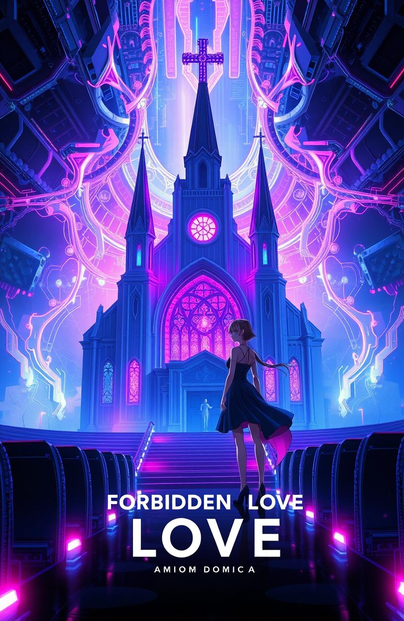 A futuristic album cover for 'Forbidden Love' by Malcom Garcia & Amara Doma