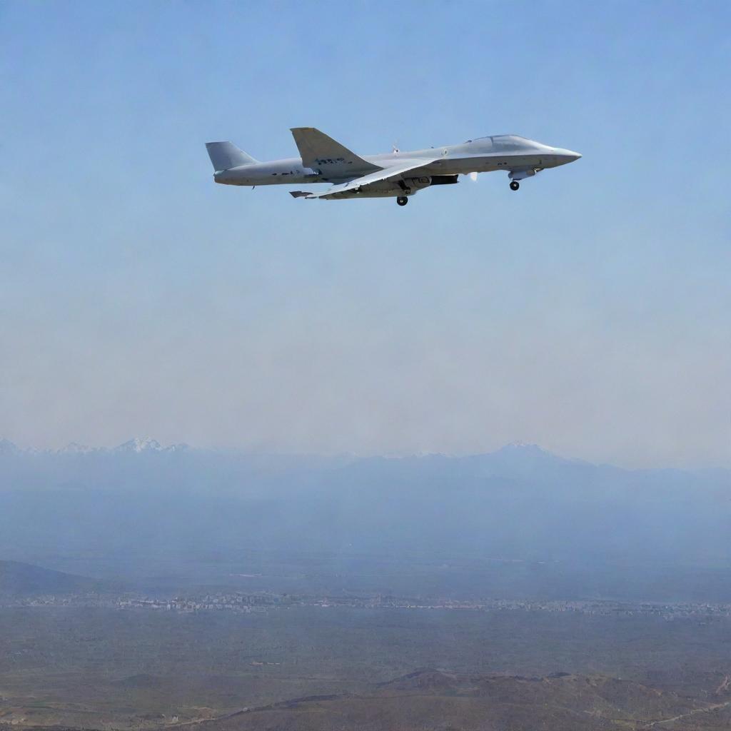 A kamikaze drone, an unmanned aerial vehicle (UAV) designed for one-way missions, soaring high in the sky, capturing its lethal potential without showing explicit harm