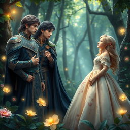 A captivating fantasy scene featuring two princes and a noble princess gazing at each other in a lush, enchanted forest