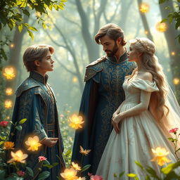A captivating fantasy scene featuring two princes and a noble princess gazing at each other in a lush, enchanted forest