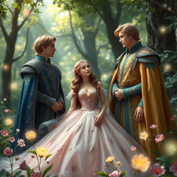 A captivating fantasy scene featuring two princes and a noble princess gazing at each other in a lush, enchanted forest