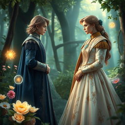 A captivating fantasy scene featuring two princes and a noble princess gazing at each other in a lush, enchanted forest