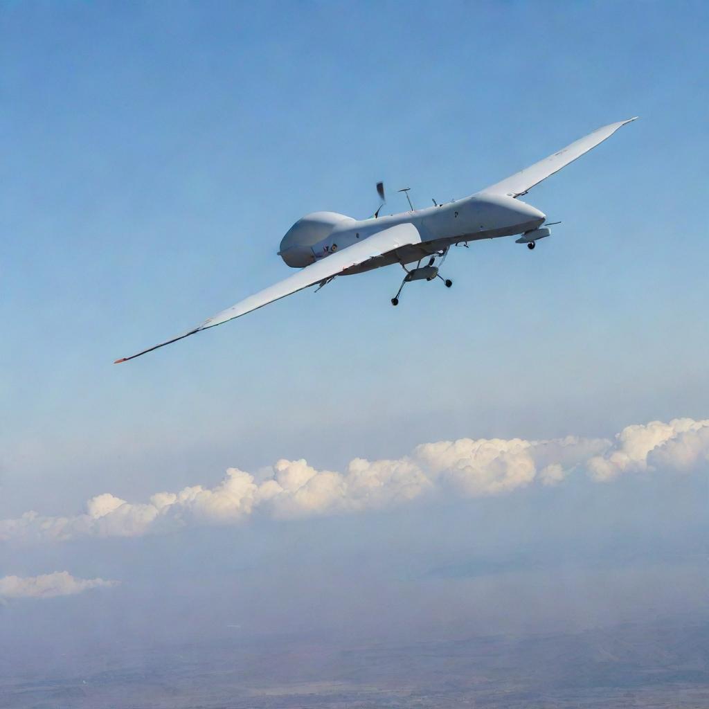 A kamikaze drone, an unmanned aerial vehicle (UAV) designed for one-way missions, soaring high in the sky, capturing its lethal potential without showing explicit harm