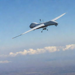 A kamikaze drone, an unmanned aerial vehicle (UAV) designed for one-way missions, soaring high in the sky, capturing its lethal potential without showing explicit harm