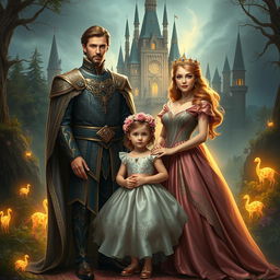 A regal fantasy scene featuring a handsome prince, a beautiful noble princess, and their lovely young daughter