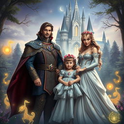 A regal fantasy scene featuring a handsome prince, a beautiful noble princess, and their lovely young daughter