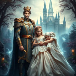 A regal fantasy scene featuring a handsome prince, a beautiful noble princess, and their lovely young daughter