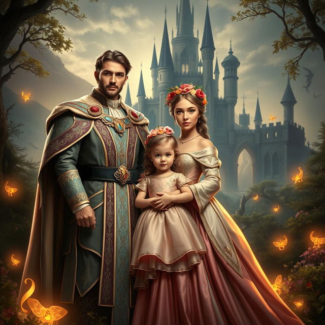 A regal fantasy scene featuring a handsome prince, a beautiful noble princess, and their lovely young daughter