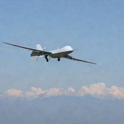 A kamikaze drone, an unmanned aerial vehicle (UAV) designed for one-way missions, soaring high in the sky, capturing its lethal potential without showing explicit harm