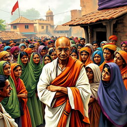 A vibrant depiction of a small Indian town in 1942, bustling with people dressed in traditional clothing such as colorful saris, dhotis, and vibrant turbans, all gathered to listen to Mahatma Gandhi