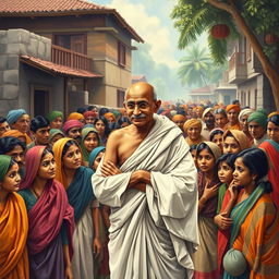A vibrant depiction of a small Indian town in 1942, bustling with people dressed in traditional clothing such as colorful saris, dhotis, and vibrant turbans, all gathered to listen to Mahatma Gandhi