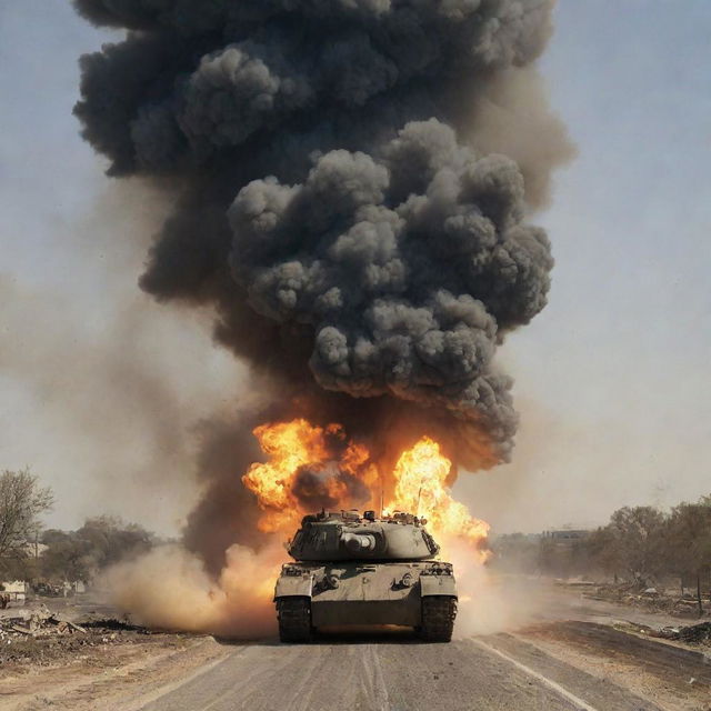 A tank caught in a massive explosion: a plume of smoke, fire, and debris rising into the air, creating a dramatic image, without showing explicit violence or harm