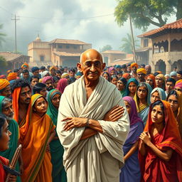 A vibrant depiction of a small Indian town in 1942, bustling with people dressed in traditional clothing such as colorful saris, dhotis, and vibrant turbans, all gathered to listen to Mahatma Gandhi
