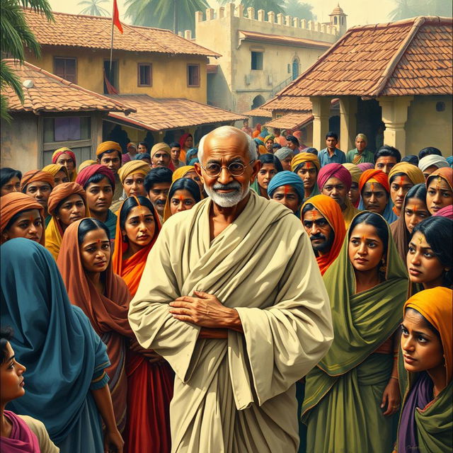 A vibrant depiction of a small Indian town in 1942, bustling with people dressed in traditional clothing such as colorful saris, dhotis, and vibrant turbans, all gathered to listen to Mahatma Gandhi