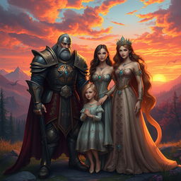 A fantasy scene featuring a powerful warlord dressed in ornate armor, standing proudly next to a stunning noble princess wearing an elegant gown adorned with gems