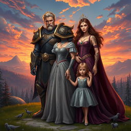 A fantasy scene featuring a powerful warlord dressed in ornate armor, standing proudly next to a stunning noble princess wearing an elegant gown adorned with gems