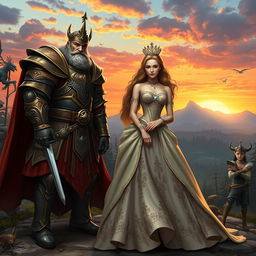 A fantasy scene featuring a powerful warlord dressed in ornate armor, standing proudly next to a stunning noble princess wearing an elegant gown adorned with gems