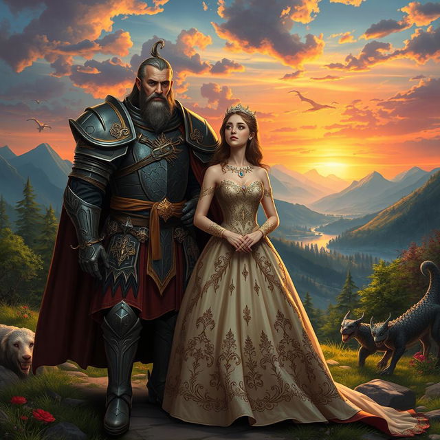 A fantasy scene featuring a powerful warlord dressed in ornate armor, standing proudly next to a stunning noble princess wearing an elegant gown adorned with gems