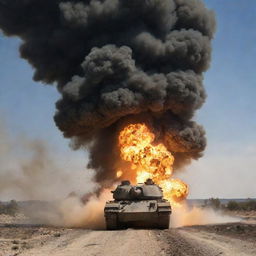 A tank caught in a massive explosion: a plume of smoke, fire, and debris rising into the air, creating a dramatic image, without showing explicit violence or harm