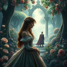 A sad princess gazing thoughtfully in a lush, enchanting garden, with a distant prince watching her from afar