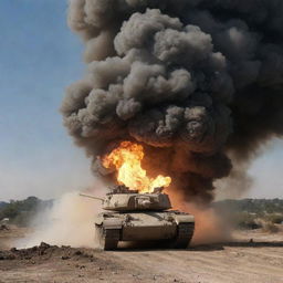 A tank caught in a massive explosion: a plume of smoke, fire, and debris rising into the air, creating a dramatic image, without showing explicit violence or harm