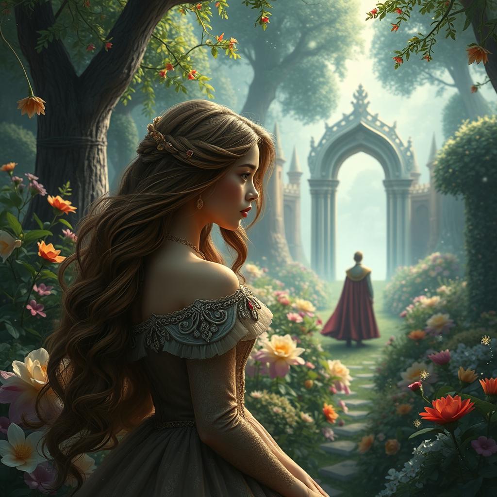 A sad princess gazing thoughtfully in a lush, enchanting garden, with a distant prince watching her from afar