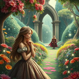 A sad princess gazing thoughtfully in a lush, enchanting garden, with a distant prince watching her from afar