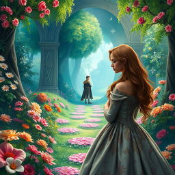 A sad princess gazing thoughtfully in a lush, enchanting garden, with a distant prince watching her from afar