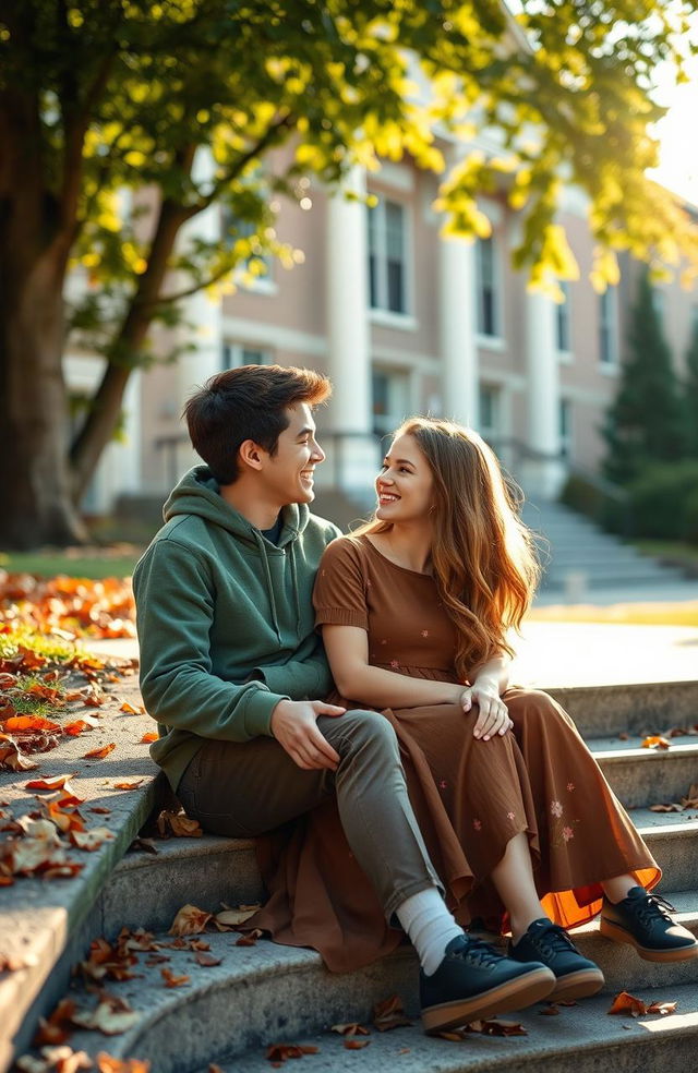 A heartwarming scene set in a high school, capturing a youthful romance between two teenagers dressed in casual school clothing