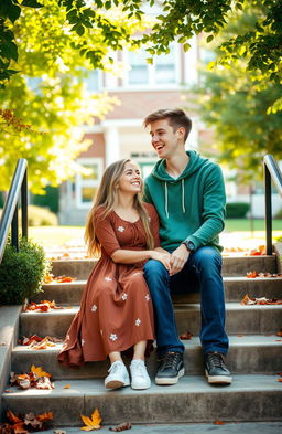 A heartwarming scene set in a high school, capturing a youthful romance between two teenagers dressed in casual school clothing