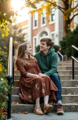 A heartwarming scene set in a high school, capturing a youthful romance between two teenagers dressed in casual school clothing