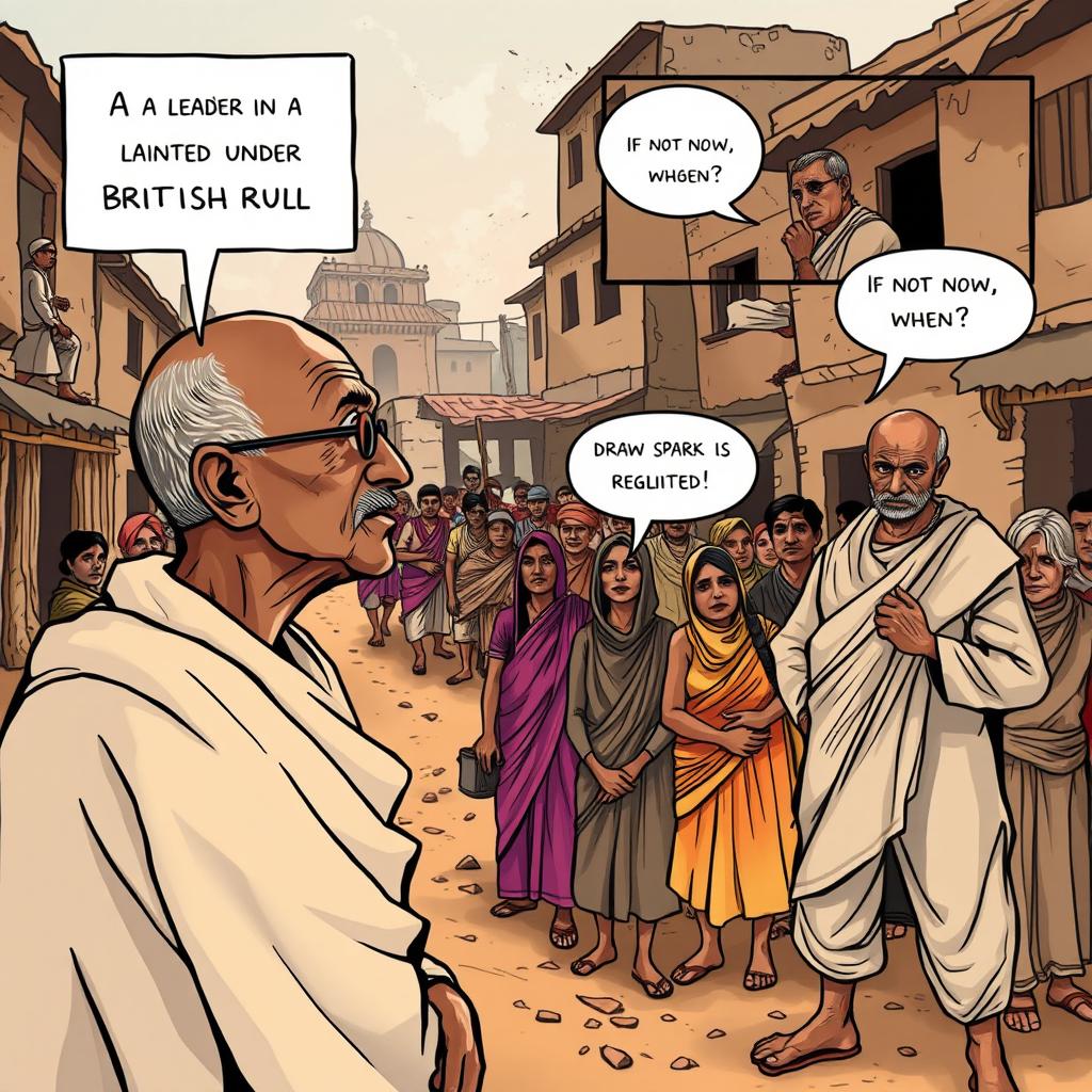 A comic-style illustration depicting a dusty town square in India, 1942, with worn buildings and villagers in traditional attire, such as colorful saris and dhotis, showcasing a determined yet weary appearance