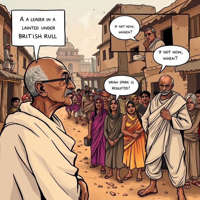 A comic-style illustration depicting a dusty town square in India, 1942, with worn buildings and villagers in traditional attire, such as colorful saris and dhotis, showcasing a determined yet weary appearance