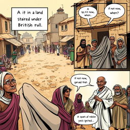 A comic-style illustration depicting a dusty town square in India, 1942, with worn buildings and villagers in traditional attire, such as colorful saris and dhotis, showcasing a determined yet weary appearance