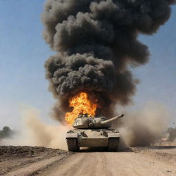 A tank caught in a massive explosion: a plume of smoke, fire, and debris rising into the air, creating a dramatic image, without showing explicit violence or harm