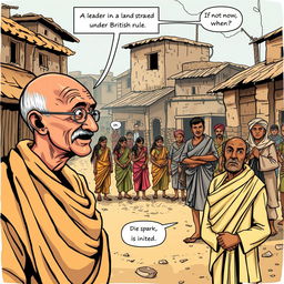 A comic-style illustration depicting a dusty town square in India, 1942, with worn buildings and villagers in traditional attire, such as colorful saris and dhotis, showcasing a determined yet weary appearance