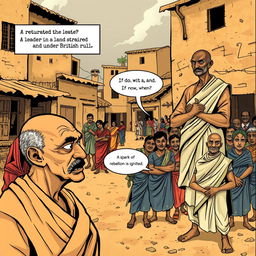 A comic-style illustration depicting a dusty town square in India, 1942, with worn buildings and villagers in traditional attire, such as colorful saris and dhotis, showcasing a determined yet weary appearance